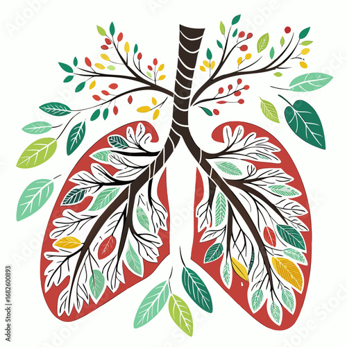 Human lungs with leaves and branches, symbolizing healthy breathing and nature, viewed from the front