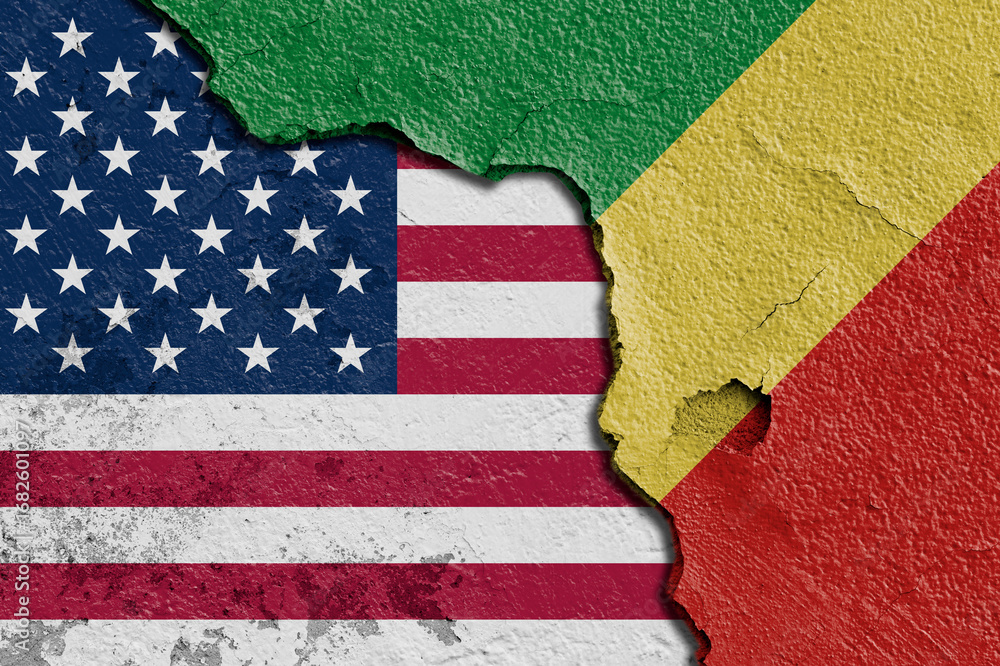 Obraz premium Torn Flags of United State Of America (USA) and Republic of Congo Depicting Political and Cultural Tension. Split Design of Congo Republic and United State Of America (USA) Flags on Textured Surface.