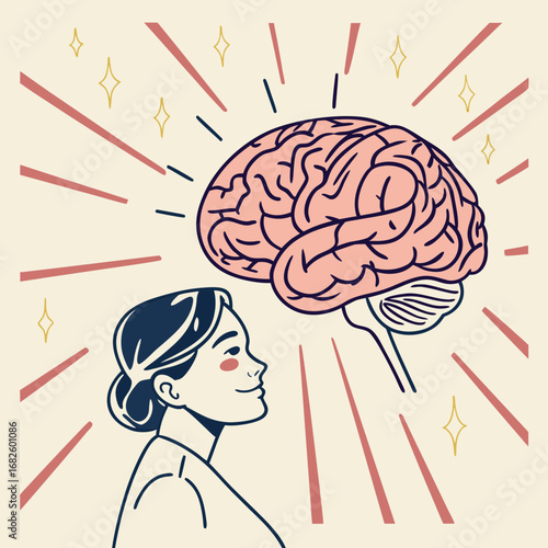 Illustration of a woman contemplating her brain floating above her head surrounded by dynamic lines and sparkles