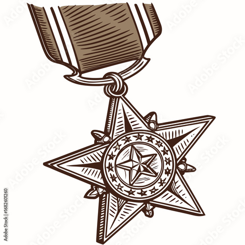 A detailed illustration of a military medal with a star emblem hanging from a ribbon