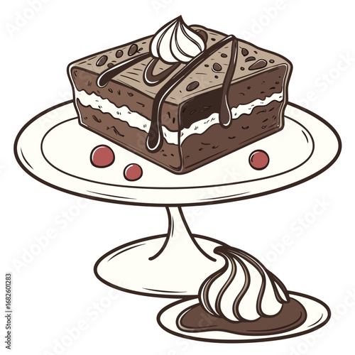 A layered chocolate cake with whipped cream on a white cake stand viewed from a slight angle