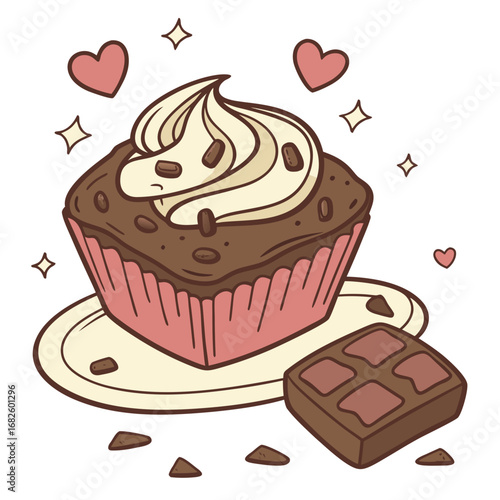 Sweet chocolate cupcake with vanilla frosting and chocolate chunks on a plate, surrounded by hearts and sparkles.