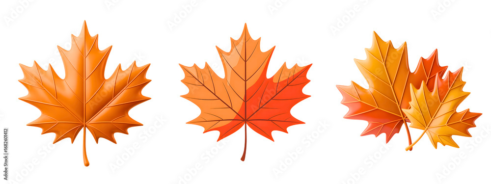 Fototapeta premium Plastic 3D Autumn leaves set of 3 on transparent background.