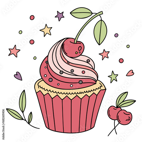 A decorative cupcake with cherry and leaves on a whimsical background with stars and hearts