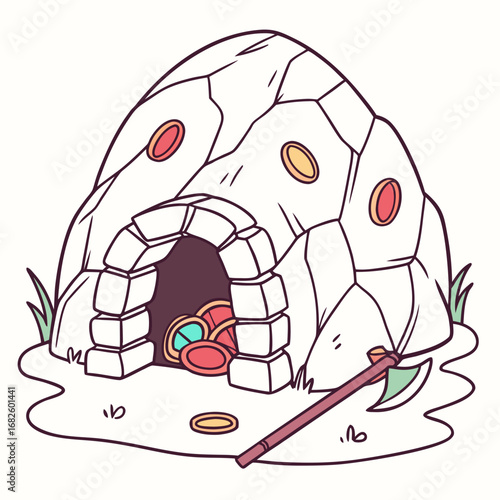 Illustration of an igloo with gems and pickaxe in a snowy landscape viewed from the front