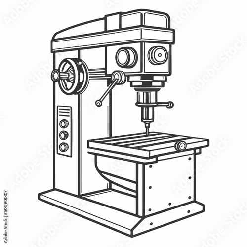 A detailed illustration of a drilling machine on a workbench in an industrial setting from a front viewpoint