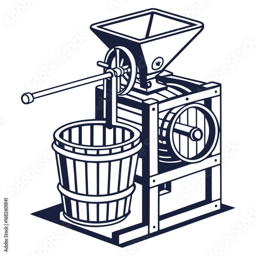 Vintage coffee grinder illustration with wooden bucket and metal mechanism in a classic industrial setting
