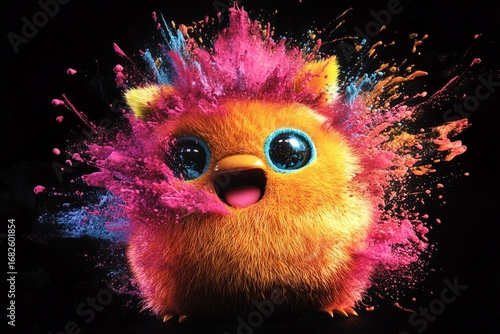 Brightly colored furry creature surrounded by vibrant splashes of paint in an imaginative setting at night