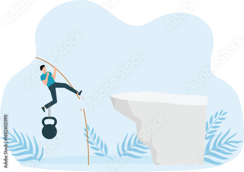 Burden that does not allow you to reach heights. Unsuccessful attempt to achieve goals and career failure and difficult problem, afraid of progress for work concept
