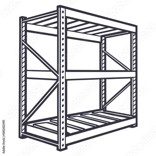 A metal shelving unit with multiple tiers and storage capacity, viewed from an angle, in a minimalist industrial setting