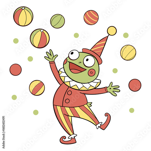 A cartoon frog dressed as a jester juggles colorful balls in a playful scene from a lively illustration.
