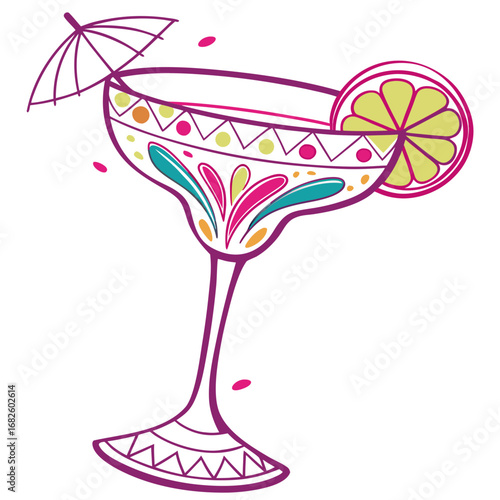 Vibrant Cocktail Glass with Umbrella and Citrus Slice Illustration