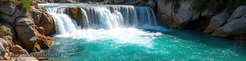 Mesmerizing Turquoise Waterfall Cascading over Smooth Rocks A Breathtaking Natural Spectacle in Sunlight