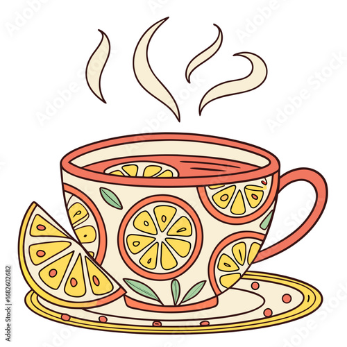 Steaming cup of citrus tea with lemon slices on a saucer, viewed from the side