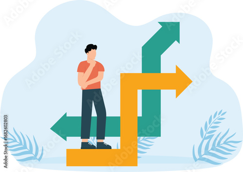 Thoughtful people and Right option search, Men doubt choice and employee make decision, Alternative variant and Crossroad pointers and way arrows and true solution concept
