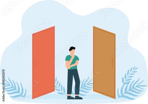 Thoughtful people and Right option search, Men doubt choice and employee make decision, Alternative variant and Crossroad pointers and way arrows and true solution concept
