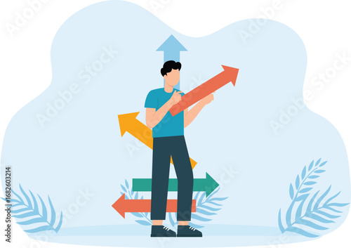 Thoughtful people and Right option search, Men doubt choice and employee make decision, Alternative variant and Crossroad pointers and way arrows and true solution concept
