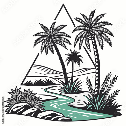 Tropical Landscape with Palm Trees and River