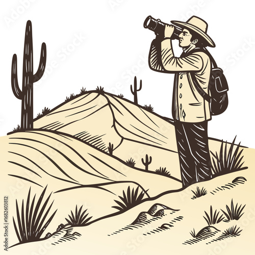 Desert Explorer's Observation in Vintage Illustration