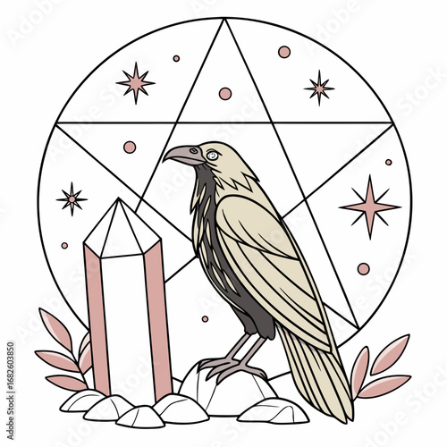 Mystic Raven Crystal and Pentagram Illustration