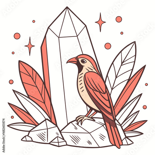 Bird Perched on Rock Near Crystal, Vector Design