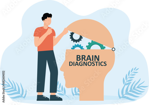 Brain diagnostics and Patients mind examination. Study of memory and intelligence. Neurology or psychology consultation. Man climbs stairs and opens head with gears concept
