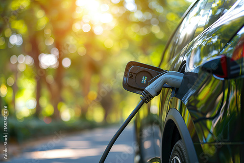 Power source for charging battery of beautiful hybrid electric car on road, abstract vivid composition consists of fictional unreal fantastic vision on background