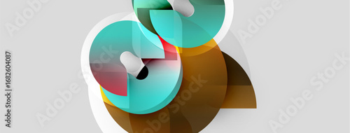 Abstract shapes overlap, creating dynamic composition. Teal, brown, white hues blend. Modern design evokes fluidity, movement.