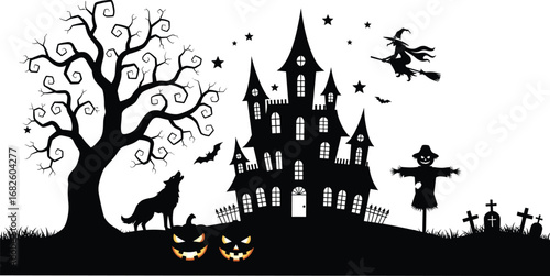Halloween haunted house silhouette, spooky castle illustration, scary tree design, witch flying vector, pumpkin lantern art, graveyard scene, horror night background, dark silhouette graphic