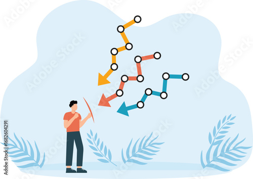 Man try stopping finance decrease. Super hero in cloak and falling arrows and economic crisis and recession, Sinking business and bankruptcy concept
