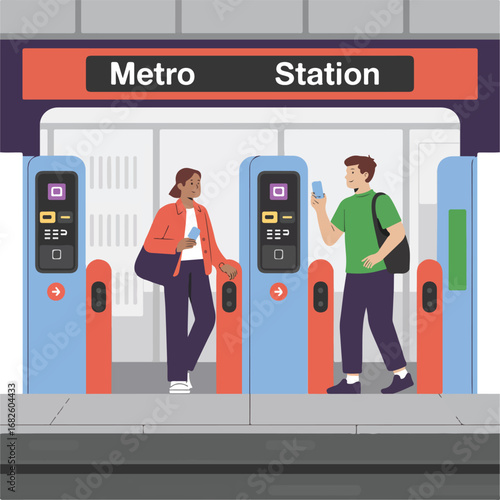 Man and woman passing through electronic gates at the metro station