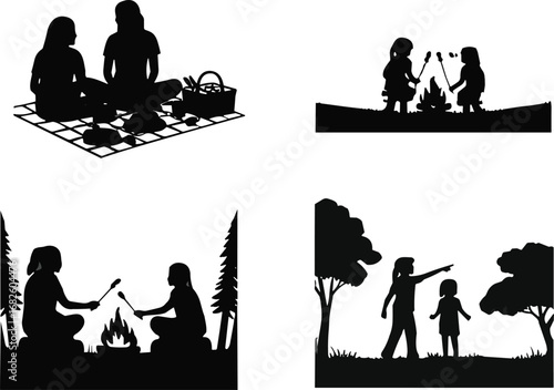 Silhouettes of girls and women camping, picnicking, roasting marshmallows, and exploring nature, family bonding, outdoor adventure, forest fun