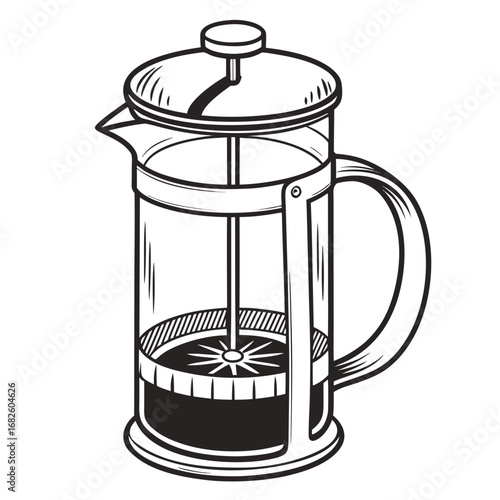 Elegant French Press Coffee Maker Detailed Illustration