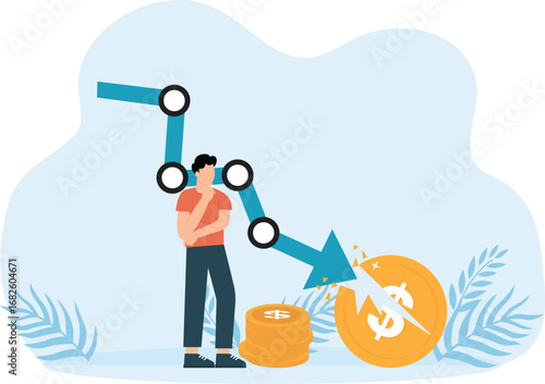 Financial crisis. Global economic money problem, depressed businessman. Bankruptcy unpaid loan debt, investment failure company startup collapse, people and falling arrow concept
