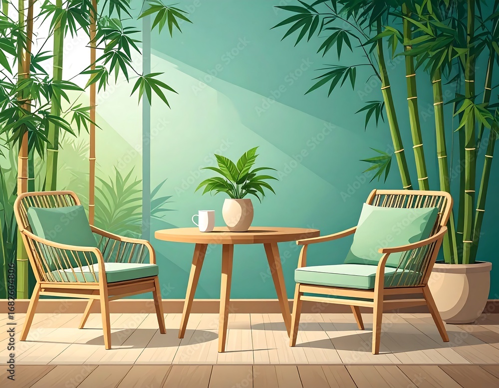 Fototapeta premium Serene patio scene with bamboo, wicker chairs, and a small table.