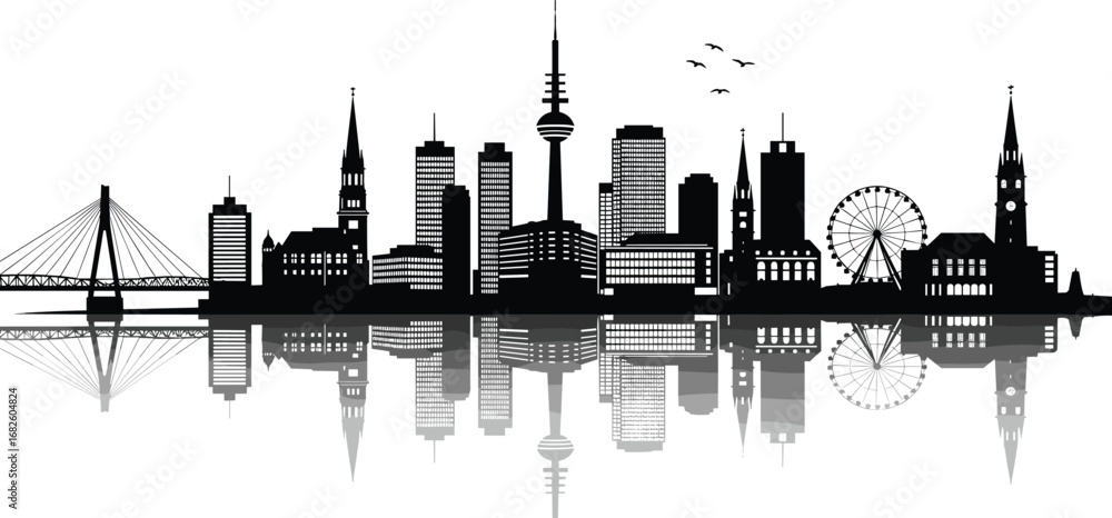 Obraz premium City skyline silhouette, urban building vector, modern architecture illustration, metropolitan landscape design, cityscape reflection graphic, black skyline art, city landmark symbol, downtown