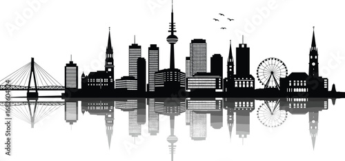 City skyline silhouette, urban building vector, modern architecture illustration, metropolitan landscape design, cityscape reflection graphic, black skyline art, city landmark symbol, downtown