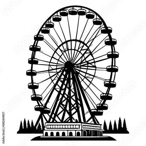 A Ferris wheel black and white illustration amidst silhouetted trees and a building creating a