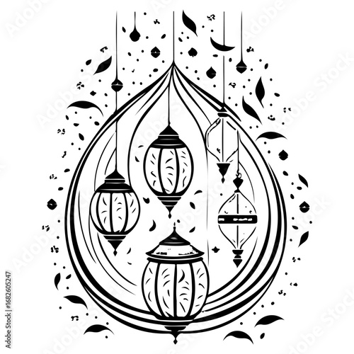 A monochrome artistic rendering showcases ornate lanterns suspended within a teardrop shaped frame