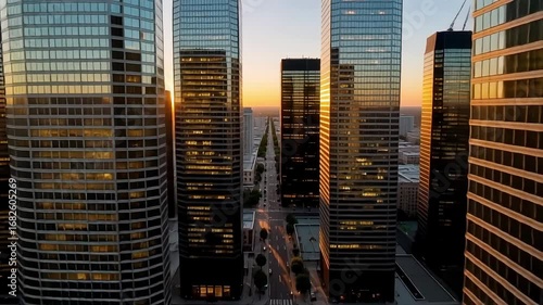 Stunning golden hour cityscape with modern skyscrapers reflecting the sunset light, perfect for urban development or corporate branding visuals