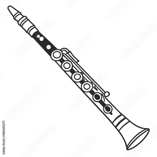 Black and White Clarinet Illustration of a Woodwind
