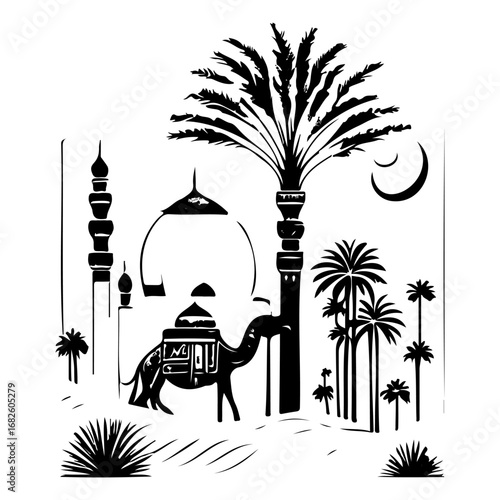 A monochrome depiction reveals the cultural richness of a desert landscape with architectural