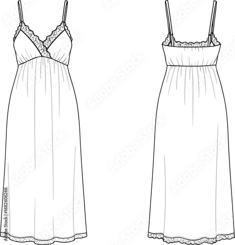 Spaghetti strap nightgown flat sketch, lace trim sleepwear CAD drawing, elegant women’s lingerie fashion garment vector illustration