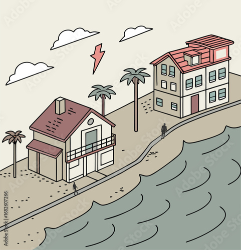 Coastal Houses Scene with Palm Trees and Lightning