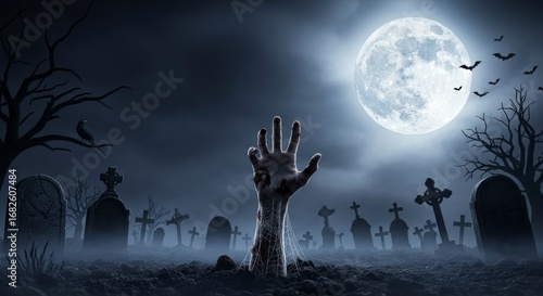 Zombie Hand Rising From the Ground in a Spooky Cemetery at Night Under a Full Moon