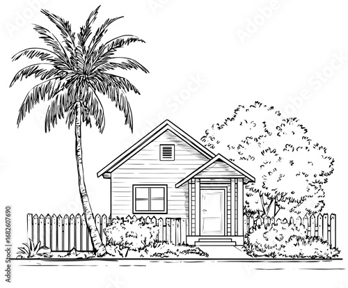 A house with a coconut tree in the rural coloring page