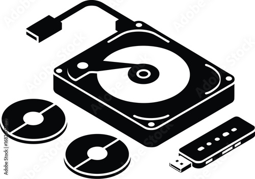 Isometric hard drive and usb flash drive data storage illustration