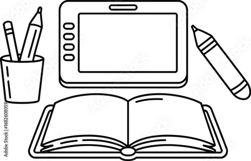 Illustration of digital art tools and open book on a table top