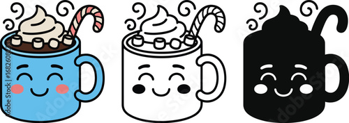 Kawaii hot chocolate mug with candy cane vector art illustration