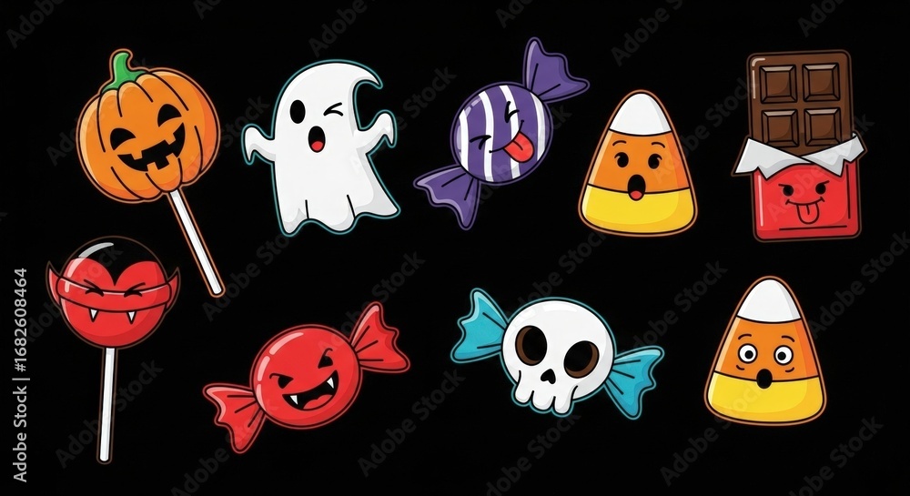 Obraz premium Cute Colorful Cartoon Halloween Candy Characters on a Black Background